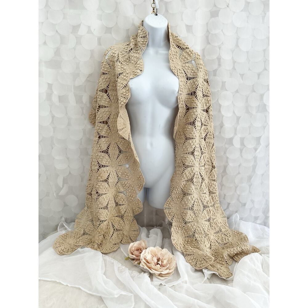 Vintage 60S Beige 100% Cotton HAND CROCHET LACE Pashima Wrap Bride Boho